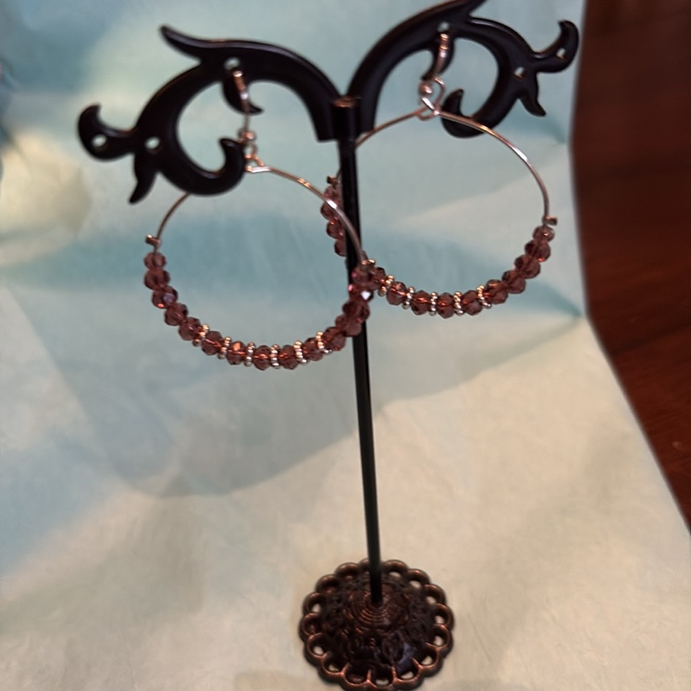 Sparkling lightweight faceted brown crystal Silver tone Beaded dangle Hoops
